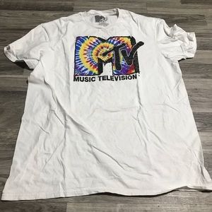 MTV Graphic Rainbow Tye Dye White T-Shirt; large women’s